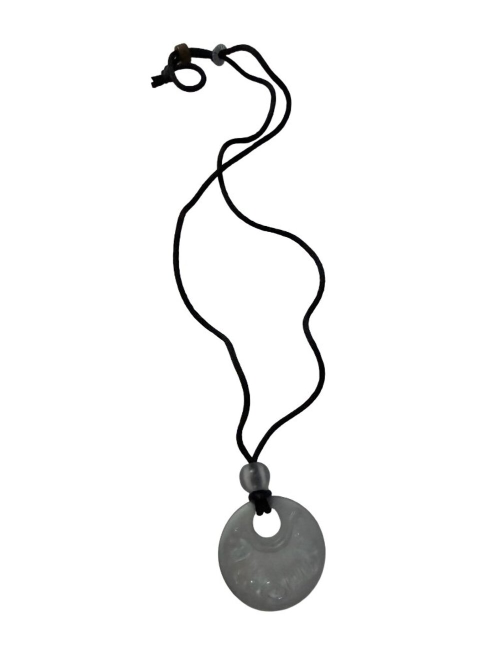 Vintage Gray Faux Jade Floral Donut Pendant Black Cord Necklace 22 Inch